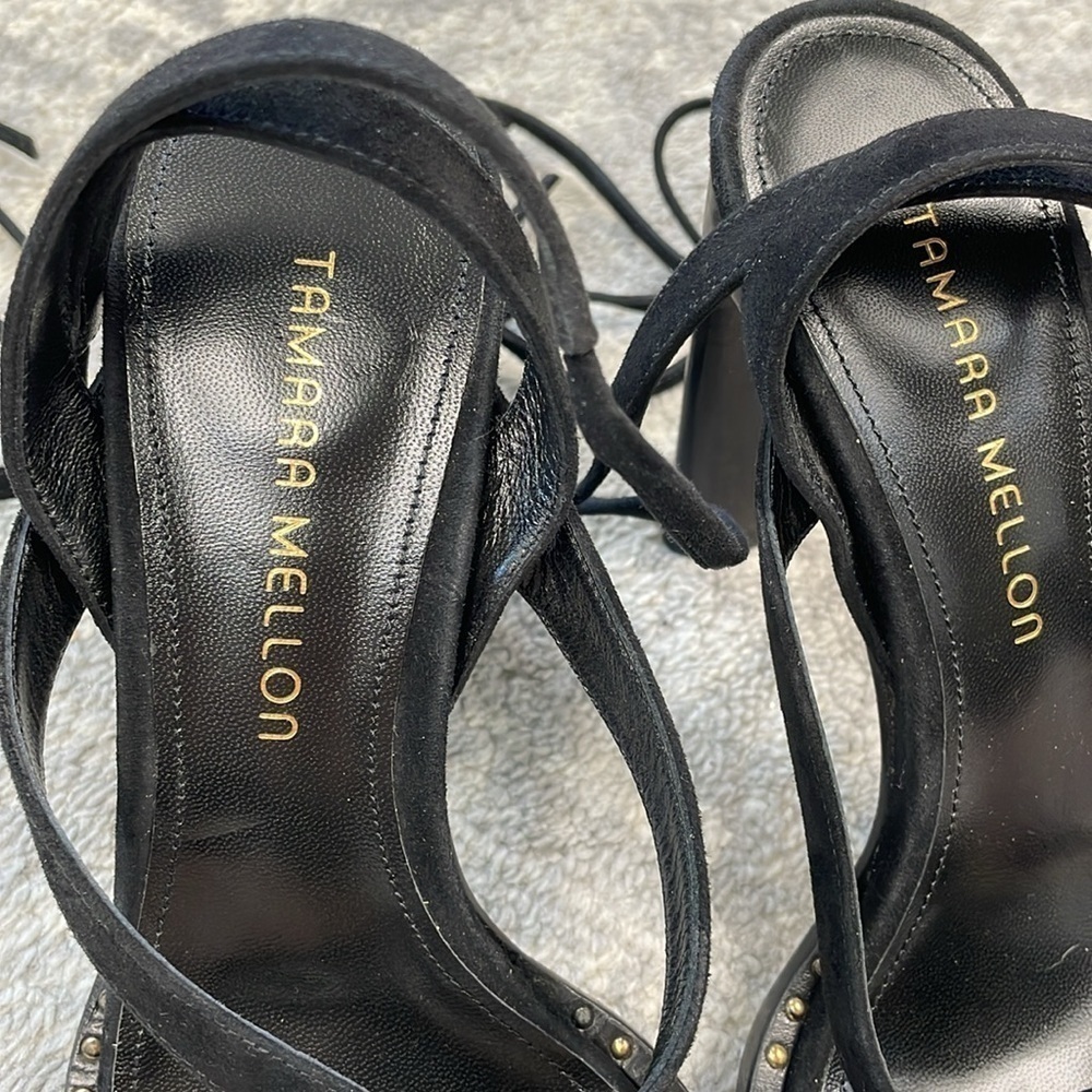 New Tamara Mellon Terra 100 Suede Studded Wrap Around Sandals Heels Black 38.5 - Picture 6 of 13